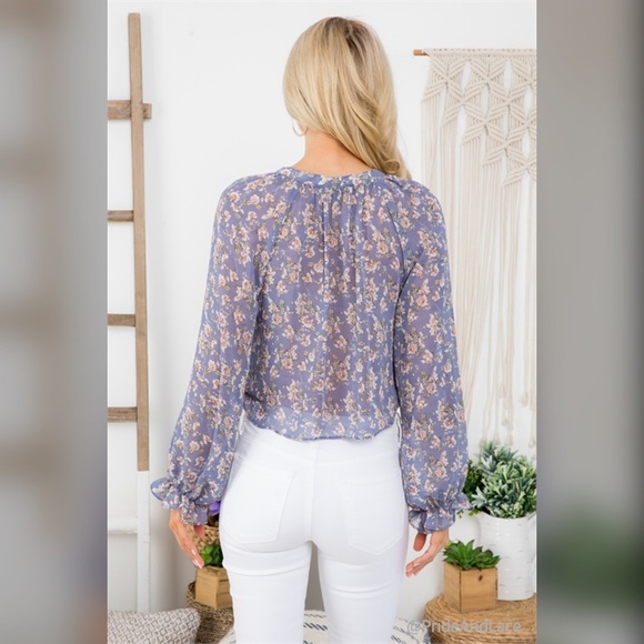 LAST 2️⃣ BLUE FLORAL PRINT THROUGHOUT V-NECK BUTTON-DOWN LONG SLEEVE TOP - Picture 3 of 6